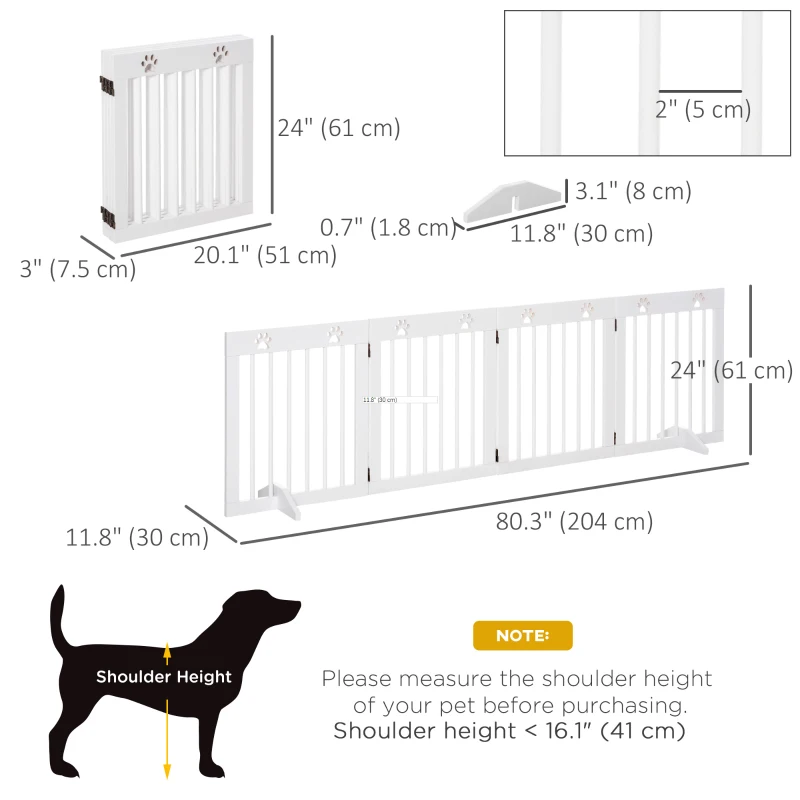 PawHut Freestanding Pet Gate 4 Panel Wooden Dog Barrier Folding Safety Fence with Support Feet up to 80.25" Long 24" Tall for Doorway Stairs White