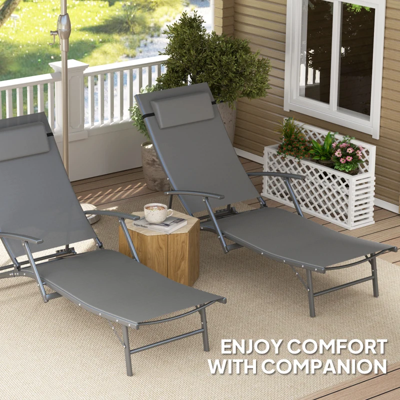 Outsunny Set of 2 Chaise Lounge Chairs, Folding Tanning Chair with Pillow, Outdoor Sun Lounger for Patio, Garden, Beach, Grey