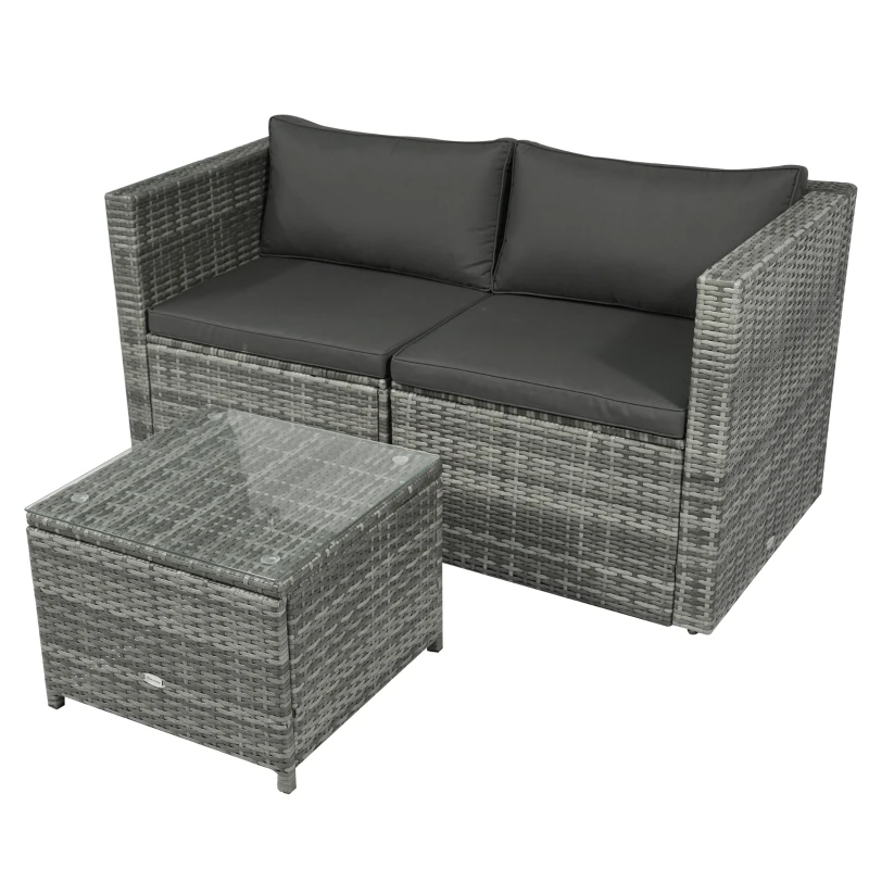 Outsunny 3 Pieces Patio PE Rattan Bistro Set Cushioned Armchair Sofa and Coffee Table Outdoor Furniture