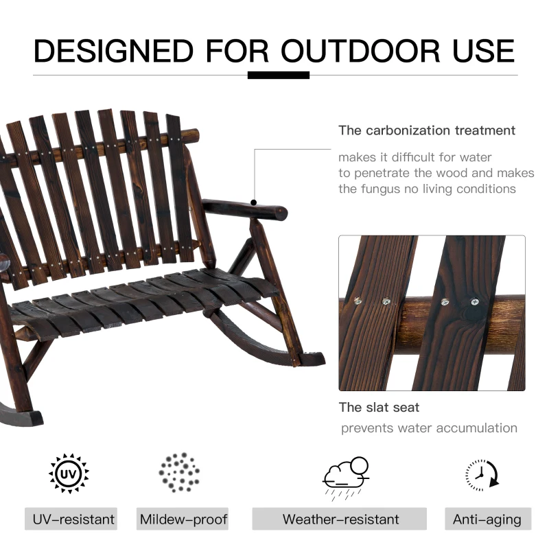 Outsunny Wooden Adirondack Rocking Chair, Outdoor Rustic Double Rocking Chair with Slatted Design for 2 Persons, Suit for Garden, Balcony, Porch, Carbonized