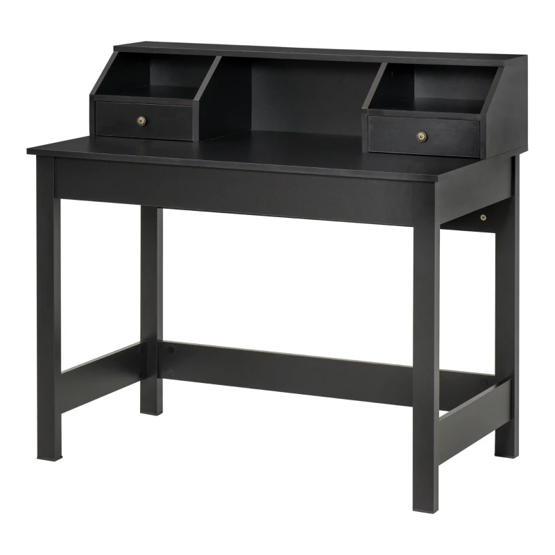HOMCOM Rectangle Computer Desk with Display Shelves Drawers Home Office Table Workstation Black Wood Grain