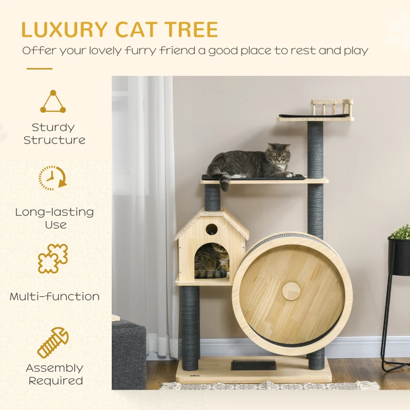 PawHut 56" Cat Tree Activity Condo Luxury Pine Wood  with Hamster-Wheel, Sisal Scratching Posts, Elevated Perches, & Roomy Interior