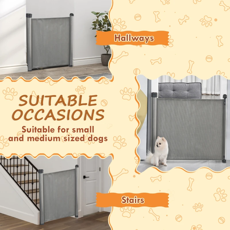 PawHut Retractable Pet Gate, Adjustable Safety Mesh Dog Gate, Extends to 55" for Narrow or Wide Doorways, Hallways, Stairs, Grey