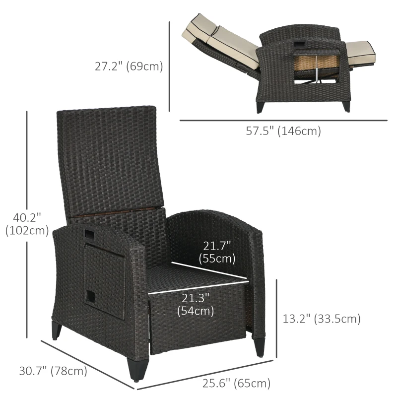 Outsunny Outdoor Recliner Chair with Adjustable Backrest, Cushion, Side Tray, Khaki