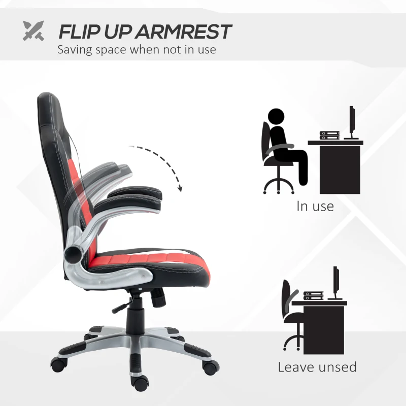 HOMCOM Racing Gaming Chair PU Leather Office Chair Executive Computer Desk Chair with Adjustable Height, Flip Up Armrest, Swivel Wheels, Red