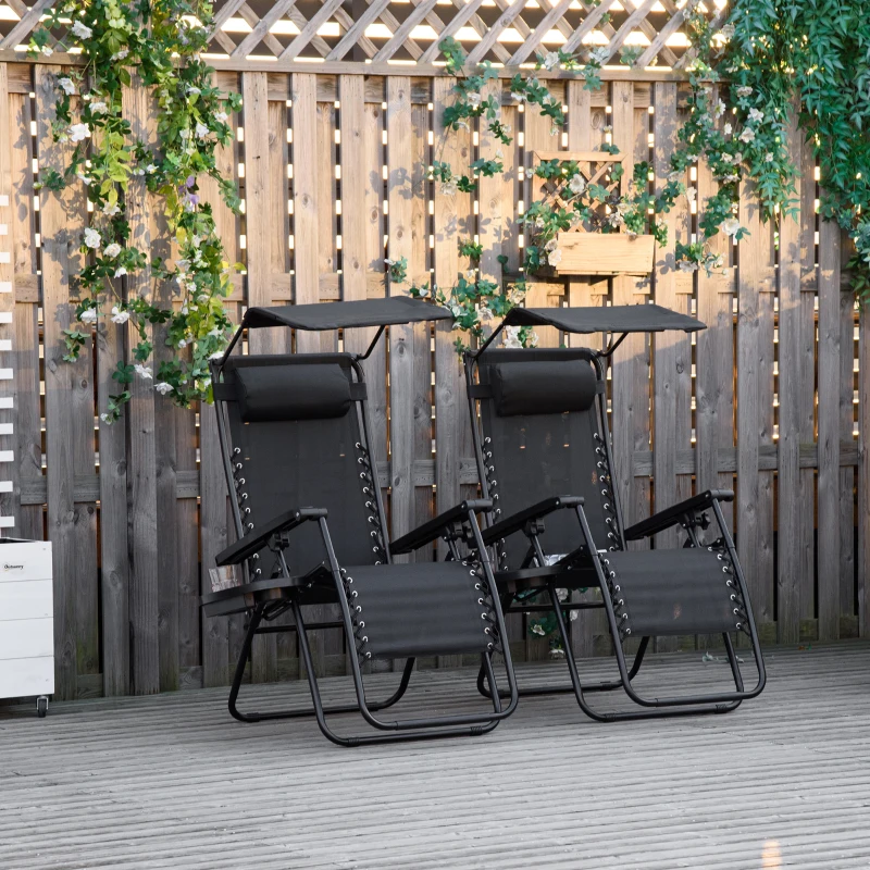 Outsunny 2 Piece Foldable Lounge Chair with Canopy Shade, Outdoor Zero Gravity Chair w/ Side Tray & Cup Holder, Reclining Lounger w/ Breathable Mesh Fabric Seat, Pillow, Black