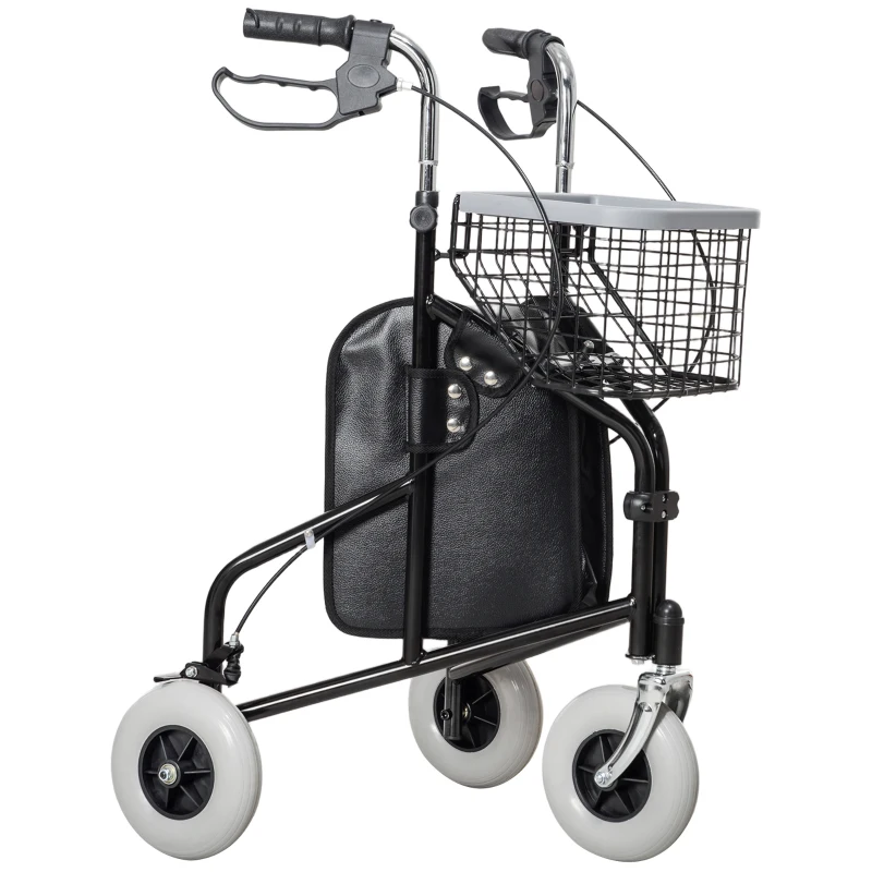 HOMCOM Upright Walker Up Rollator, Rolling Walker with Wheels, Storage Bag, Tray, Adjustable Handle Height, Black