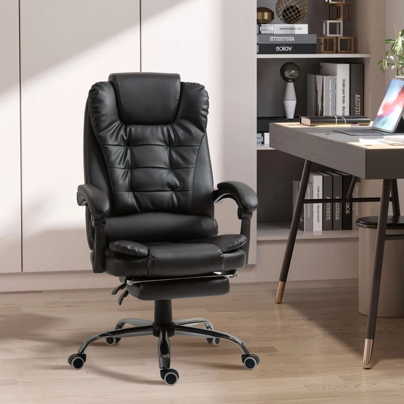HOMCOM High Back Office Chair PU Leather Executive Office Chair with Retractable Footrest Padded Armrest Black