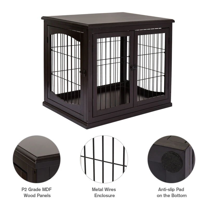 PawHut Dog Crate Furniture, 32" Small Dog Cage End Table with 2 Doors, Lockable Door, Puppy Kennel Indoor, Coffee