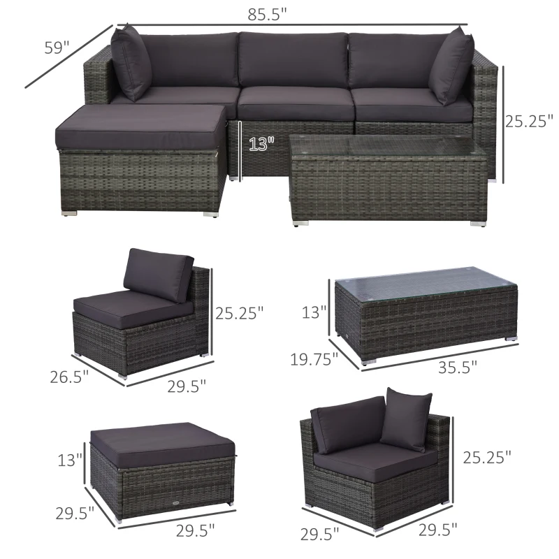 Outsunny 5-Piece Outdoor Sectional Furniture, Patio Sofa Set, PE Wicker Couch, Cushions, Pillows, Ottoman, Table, Charcoal