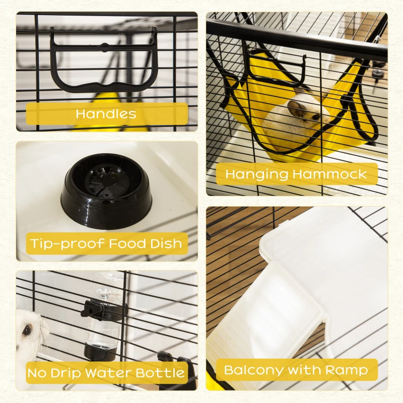 PawHut Small Animal Cage Habitat Indoor Pet Play House for Guinea Pigs Ferrets Chinchillas, With Accessories Hammock Water Bottle Balcony Ramp Food Dish, 31.5", Yellow