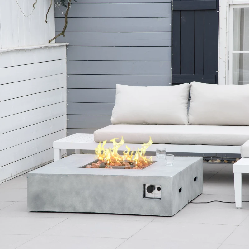 Outsunny Outdoor Propane Fire Pit Table Faux Grey Ledge Stone 42-inch Square Fire Table, 50,000BTU Auto Ignition Gas Firepits with Protective Cover, Lava Rocks, CSA Certification for Outdoor, Grey