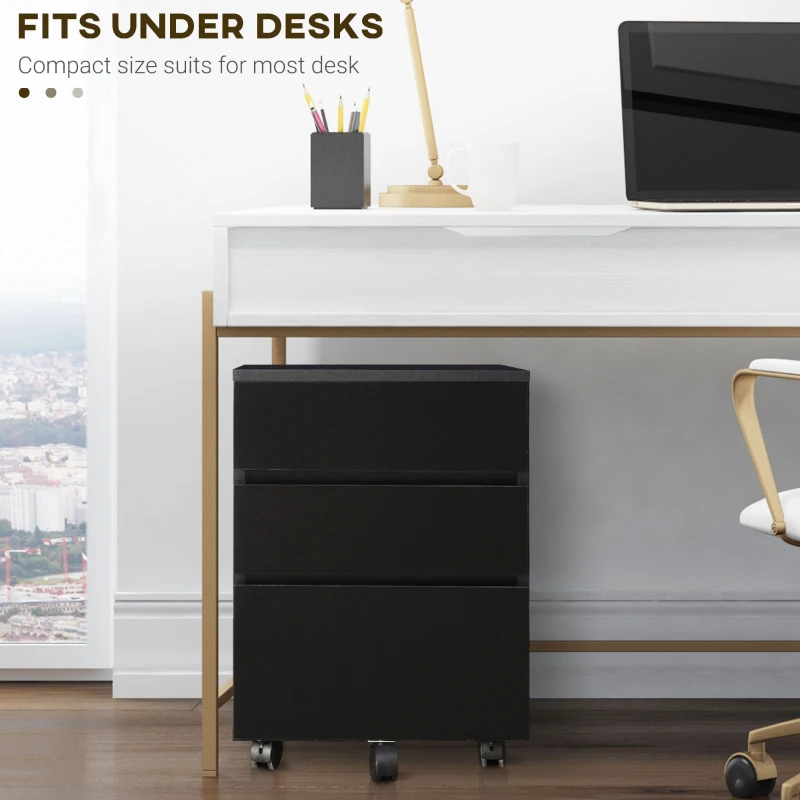 HOMCOM 3 Drawer Storage Cabinet, Mobile Desk Cabinet Under Desk with Wheels, Printer Stand for Home Office, Black