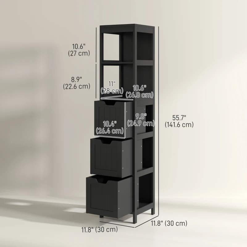 kleankin Narrow Bathroom Cabinet with 3 Drawers and 2 Tier Shelf, Tall Cupboard Freestanding Linen Tower, Black