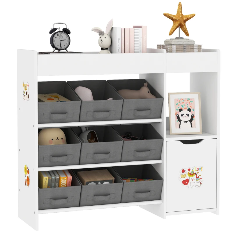 Qaba Toy Storage Organizer with 9 Non-Woven Fabric Boxes, Storage Cabinet & Shelves, for Kids Room, Nursery, Playroom, White
