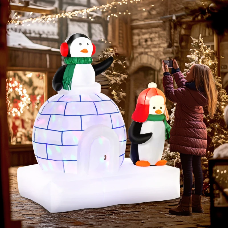 HOMCOM 5 ft Lighted Christmas Inflatables Outdoor Decorations Penguins with a Scarf and Igloo, Rotating Colorful Light, Holiday Yard Christmas Decor