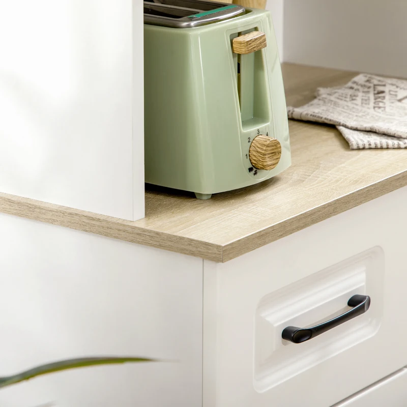 HOMCOM 66" Tall Kitchen Pantry Cabinet, Freestanding Storage Cabinet with 2 Adjustable Shelves, 2 Drawers, Open Counter and Glass Doors, White