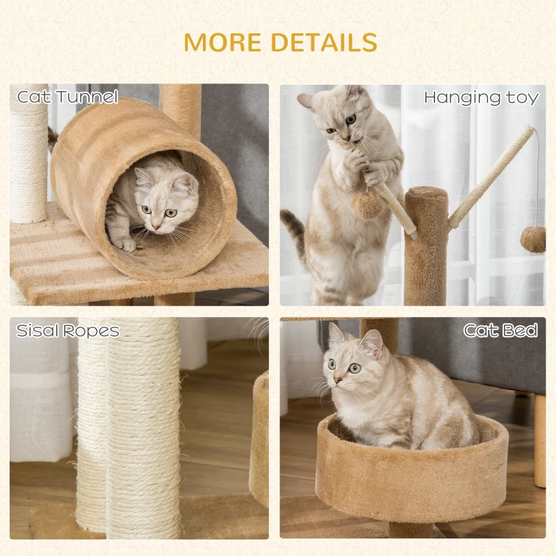 PawHut Cat Tree for Indoor Cats Cat Condo Kitty Tower with Scratching Post, Elevated Fun Cat Beds, Tunnel, Cat String Toys, 16" x 16" x 48", Light Brown