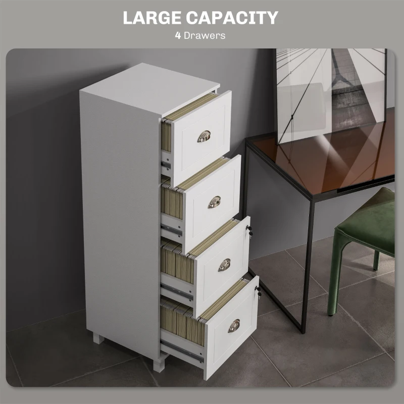 HOMCOM 4 Drawer File Cabinet with Lock, Office Filing Cabinet, A4 Letter Size, Hanging File Folders, White