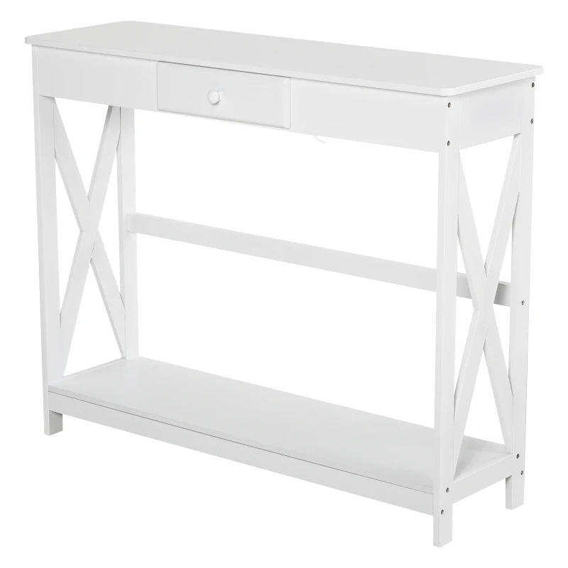 HOMCOM 39" Console Table, 2 Tier X-Design Narrow Entryway Table with Drawer and Storage Shelf for Behind Couch, Living Room, Hallway, White