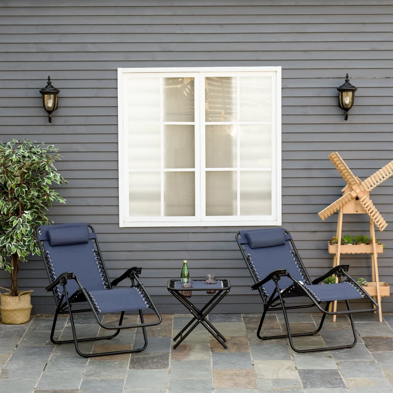 Outsunny Zero Gravity Chair Set of 2 Patio Chair with Side Table Cupholders and Pillows for Pool, Backyard, Lawn, Blue