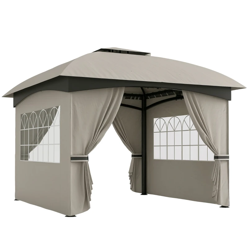 Outsunny 11' x 11' Outdoor Gazebo, Double Roof Patio Gazebo with Curtains, Church Windows, Galvanized Steel Frame, Light Gray