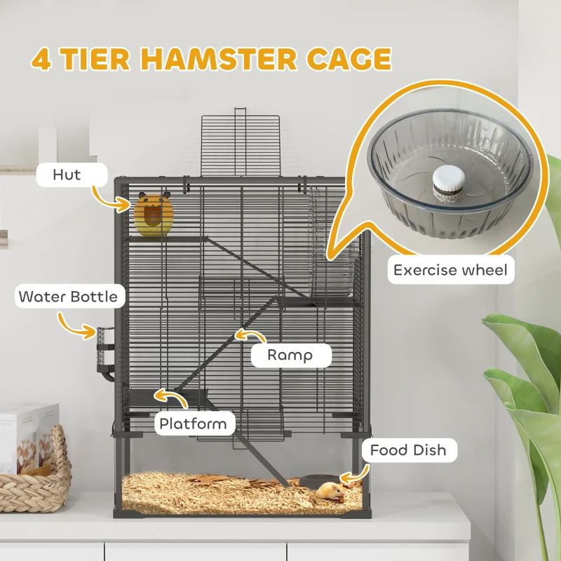 PawHut 4 Tier Hamster Cage with Deep Tempered Glass Bottom, Running Wheel, Hut, Water Bottle, Food Dish, 24" x 16" x 31.5"