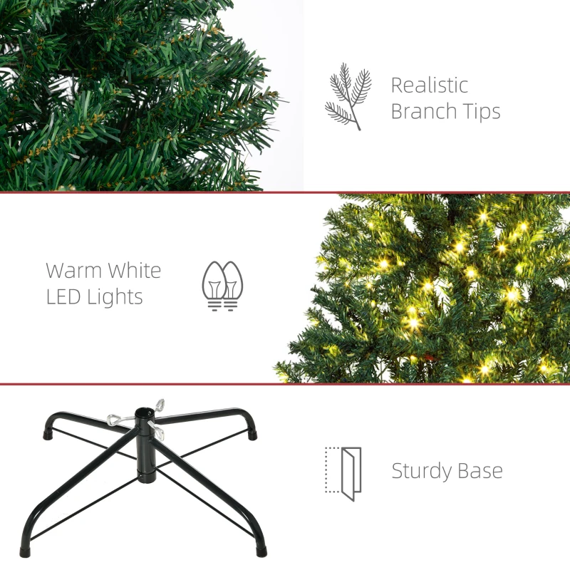 HOMCOM 6 FT Tall PreLit Artificial Christmas Tree with Realistic Branches, 250 Warm White LED Lights and 1000 Tips, Green