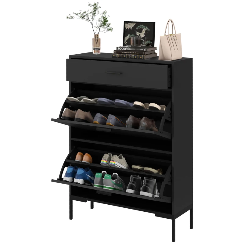 HOMCOM Modern Shoe Cabinet Storage 12 Pair Shoe Organizer with 2 Flip Doors Drawer and Adjustable Shelf Black
