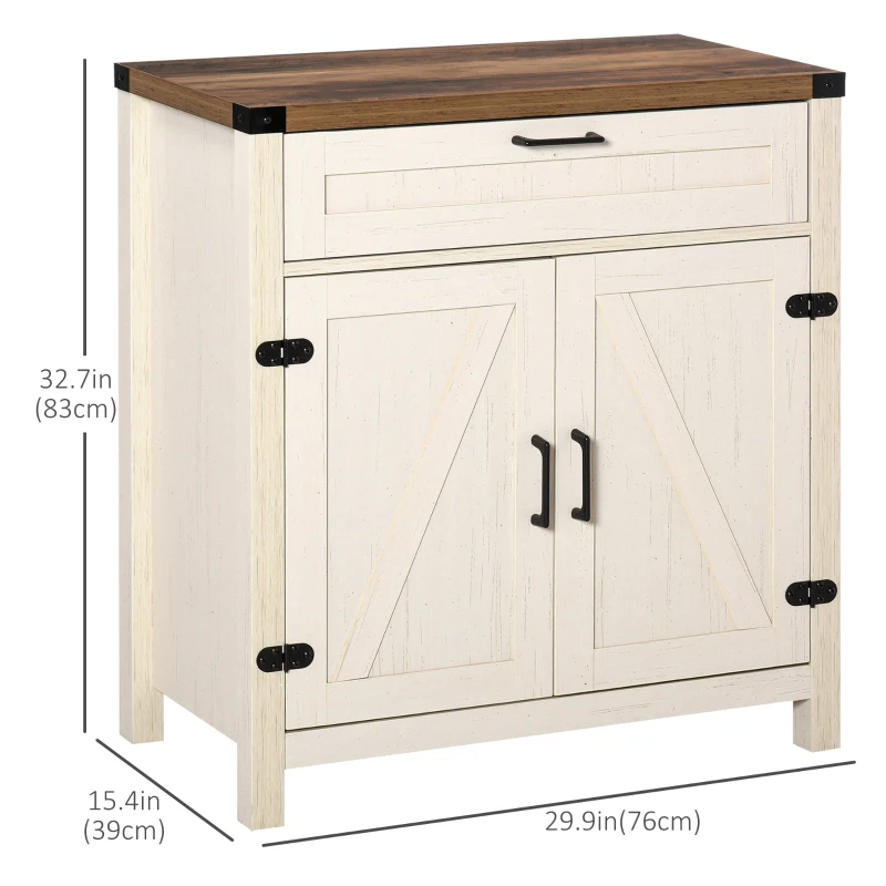 HOMCOM Farmhouse Kitchen Storage Cabinet, Sideboard Buffet Cabinet with 2 Rustic Barn Doors and Drawer, White