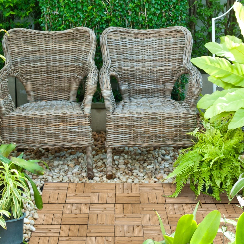 Outsunny 27 Pcs Wood Interlocking Deck Tiles, 12 x 12in Outdoor Flooring Tiles for Indoor and Outdoor Use, Tools Free Assembly, Brown