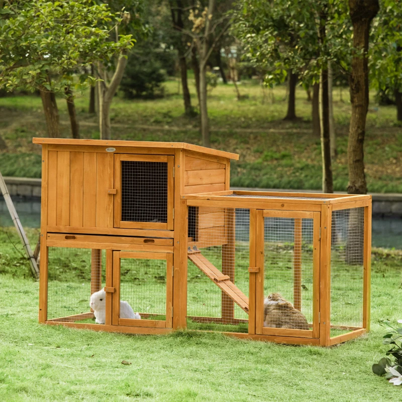 PawHut 55.5" Rabbit Hutch Outdoor, Large Chicken Coop Bunny Cage Indoor with Openable Roof, Slide-Out Tray, Ramp, for Rabbits and Small Animals, Orange