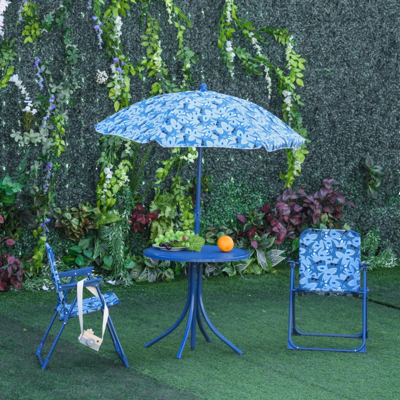 Outsunny Kids Folding Table and Chairs Set for Outdoor Garden Patio Backyard with Removable & Height Adjustable Sun Umbrella, Blue