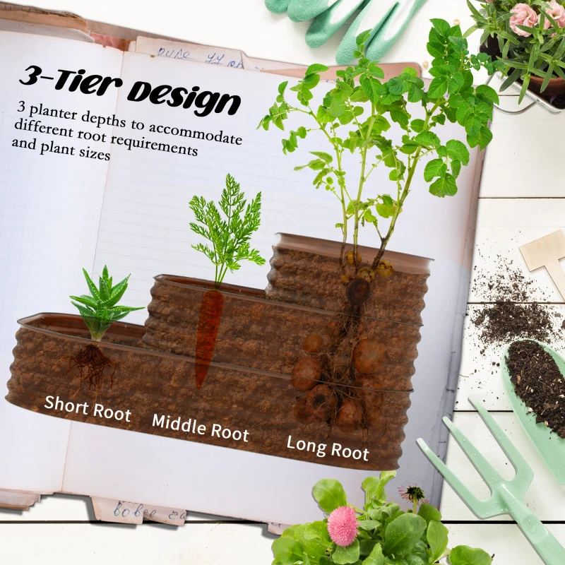 Outsunny 3-Tier Raised Garden Bed Set w/ Safety Edging, Open Bottom for Vegetables, Herbs, Flowers, 62.25" x 43" x 32.25", Brown