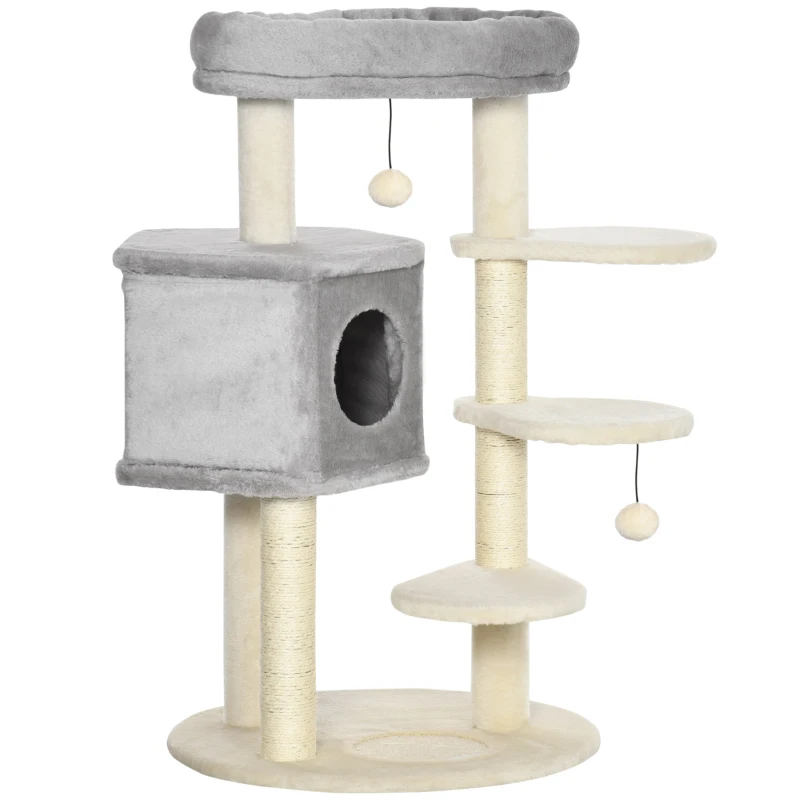 PawHut 37" Cat Tree for Indoor Cats, Cat Tower, Kitty Activity Center with Cat Bed Condo Hanging Ball Toys Sisal Rope Scratching Post, Light Grey