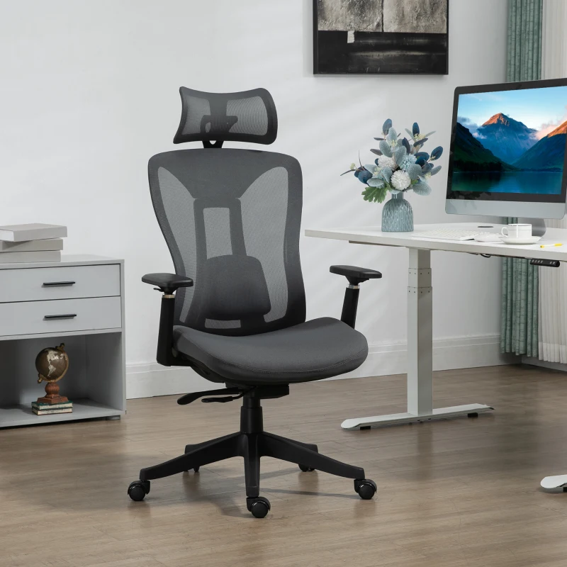 Vinsetto Ergonomic Office Chair with Adjustable Headrest, Lumbar Support, 3D Armrest, Mesh Computer Desk Chair with High Back, Swivel Reclining Seat with Tilt Function, Grey
