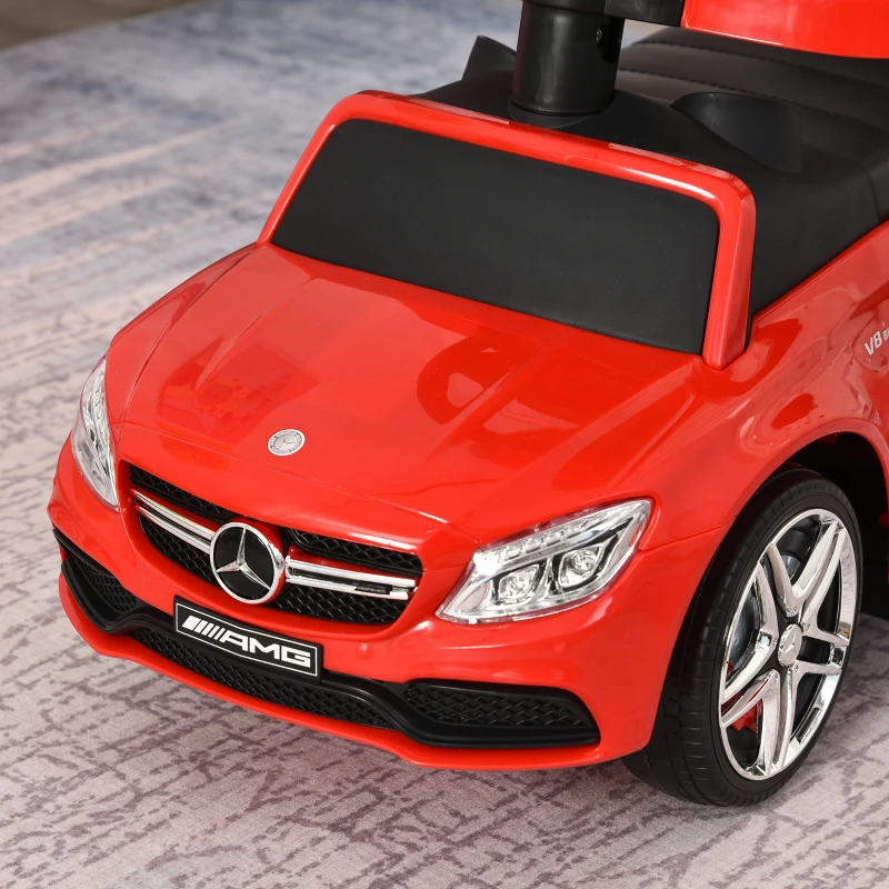 Aosom 2 in 1 Push Car for Toddlers for 1-3 Years Old, Officially Licensed AMG C63 Baby Car, Kids Stroller Sliding Car with Sun Canopy Foot Rest Horn Sound Safety Bar Cup Holder, Red