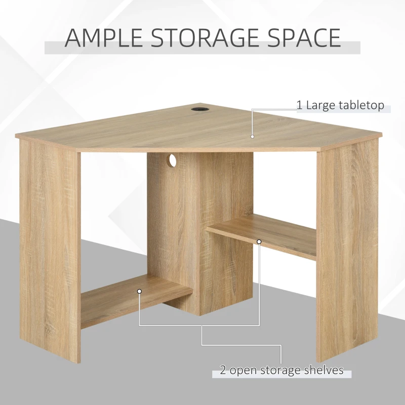 HOMCOM Corner Computer Desk with Storage Shelf, Writing Table Study Workstation for Home Office, Natural