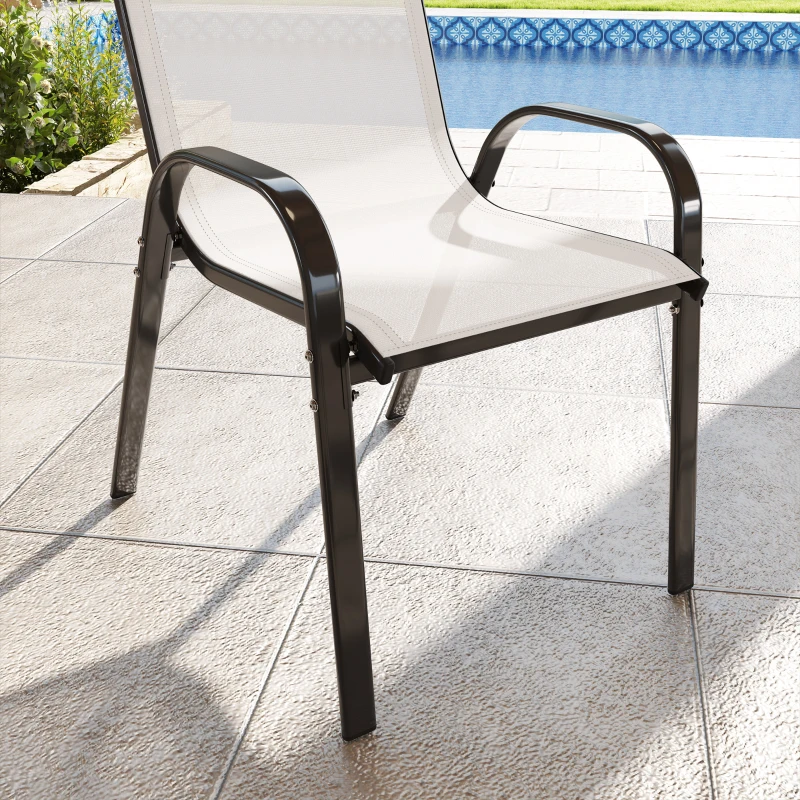 Outsunny Set of 2 Outdoor Dining Chairs, Stackable Lawn Chairs with High Back, Breathable Mesh Seat for Garden Porch, Light Grey