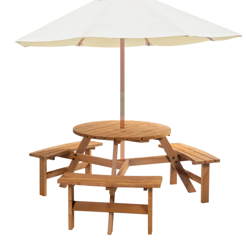 Outsunny 6 Person Round Picnic Table Bench Set with Umbrella Hole, Wood Patio Table with 3 Built-in Benches for Garden, Deck, Backyard, Brown