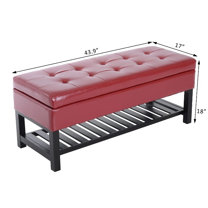 HomCom 44" Tufted Faux Leather Ottoman Storage Bench With Shoe Rack- Crimson Red