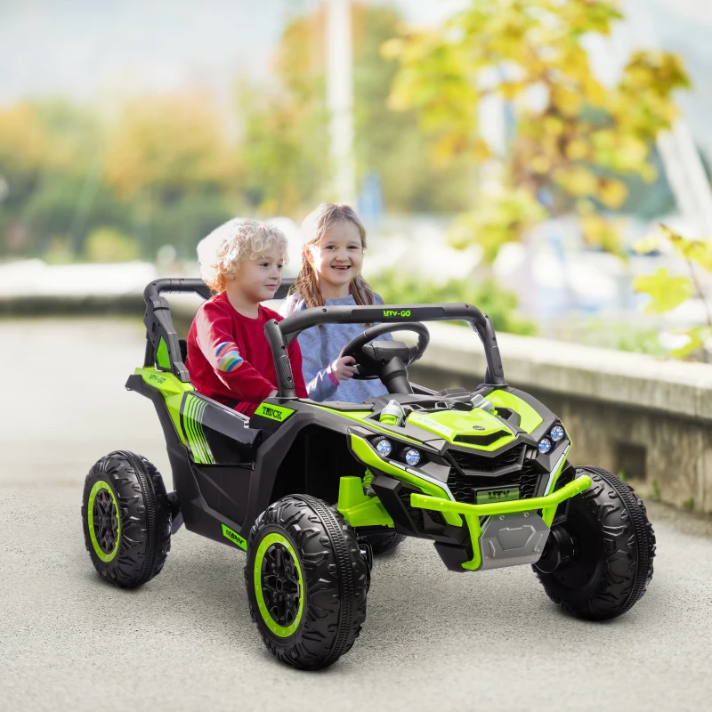 Qaba 24V 7AH Ride on Car, 2 Seater 4 MPH Ride on UTV with 4 Shock Absorbers, Music Horn LED Lights, for 3-8 Years, Green
