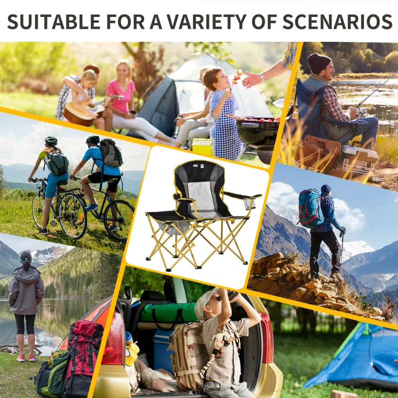 Outsunny Lightweight Camping Folding Chair Portable Fishing Seat w/ Carry Bag, Cup Holder & Side Table for Travel, Beach, Picnic, Hiking, Black & Yellow