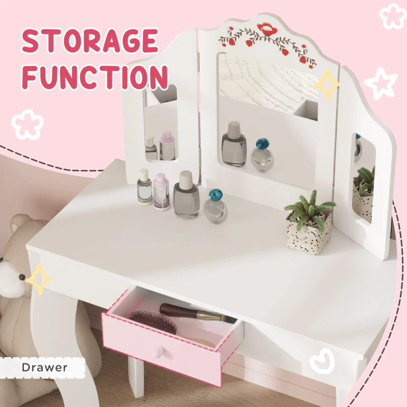 Qaba Kids Vanity Set, Dual-Use Dressing Table with Removable Tri-Folding Mirror and Drawer, for Ages 3-8, White