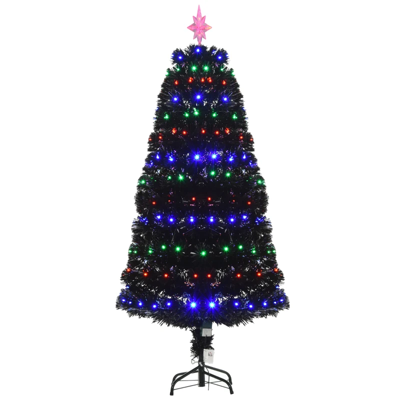 HOMCOM 5ft Prelit Artificial Christmas Tree with LED Lights, Multicolored Fiber Optics and Realistic Branch Tips, Black