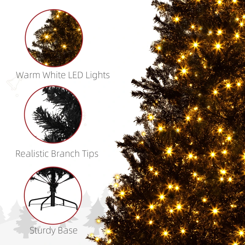 HOMCOM 7.5 FT Tall PreLit Artificial Christmas Tree with Realistic Branches, 500 Warm White LED Lights and 1346 Tips, Black