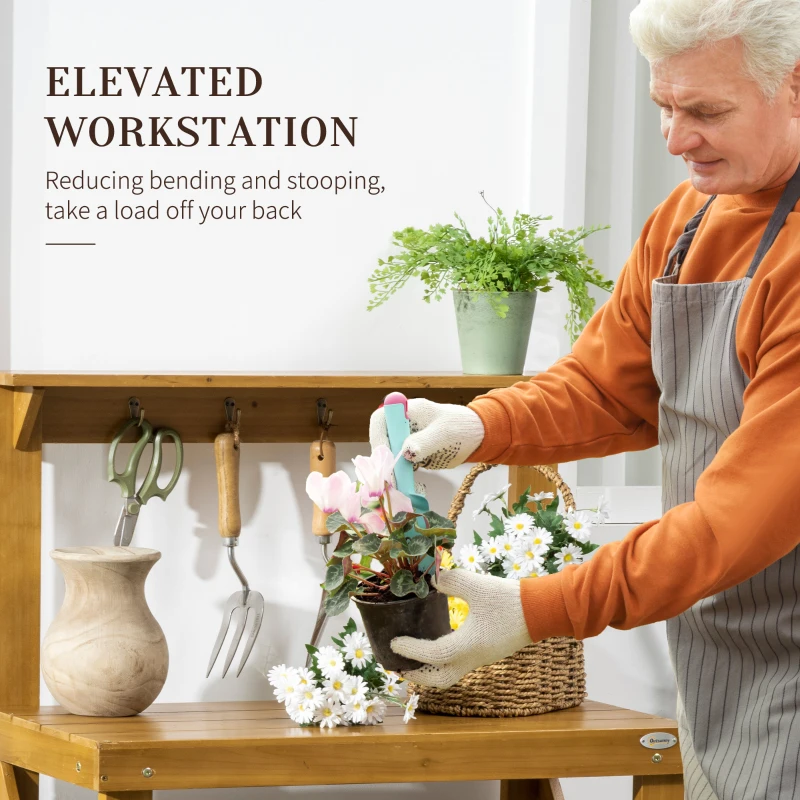 Outsunny 2-Level Outdoor Potting Bench, Wooden Potting Table with Storage Shelf and Top Hooks for Greenhouse, Garden, Patio