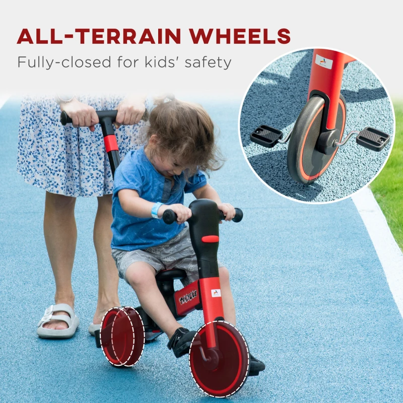 Aosom 4-in-1 Toddler Tricycle, Adjustable Balance Bike, Kids Bike, Baby Bicycle Push Trike for Kids 2-4 with Folding Trike Handle, Outdoor Toy for Toddlers & Kindergarteners, Red