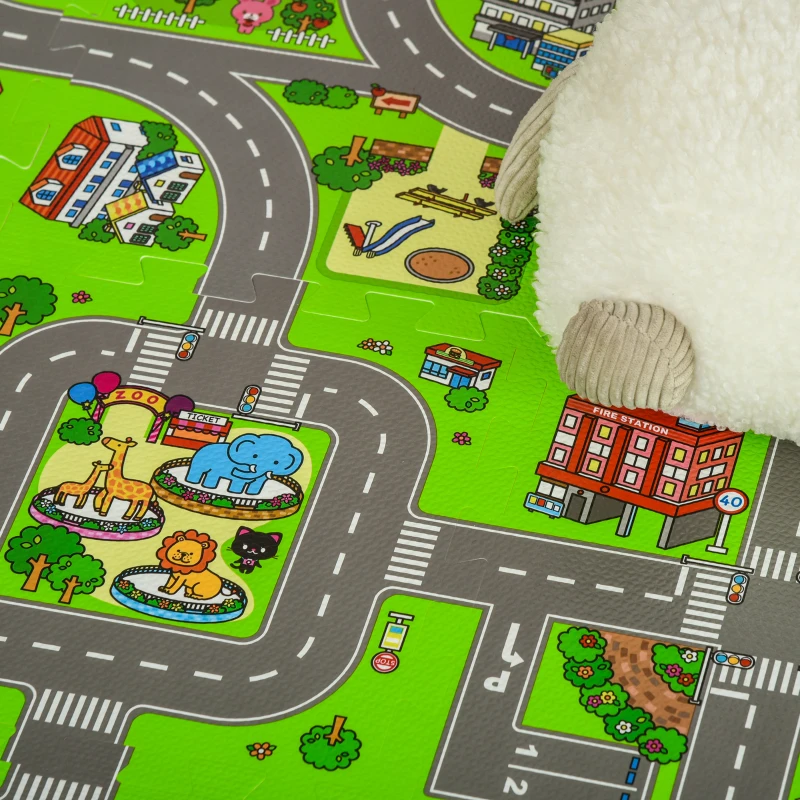 Qaba Kids Foam Puzzle Floor Tiles Baby Toddler Play Mat 36Pcs w/ 24 Side Mat Anti-slip Crawling Learning with End Border Playground Pattern 35SqFt EVA
