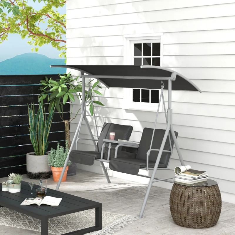 Outsunny 2-Seater Outdoor Porch Swing with Canopy and Table, Patio Swing Chair for Garden, Poolside, Backyard, Gray